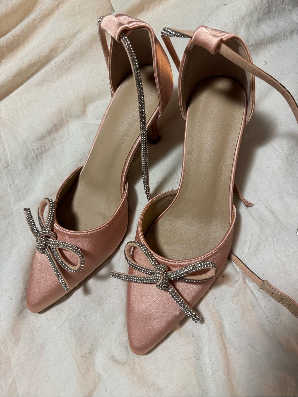 Elegant Pink Satin Pointed-Toe Heels with Crystal Bow
